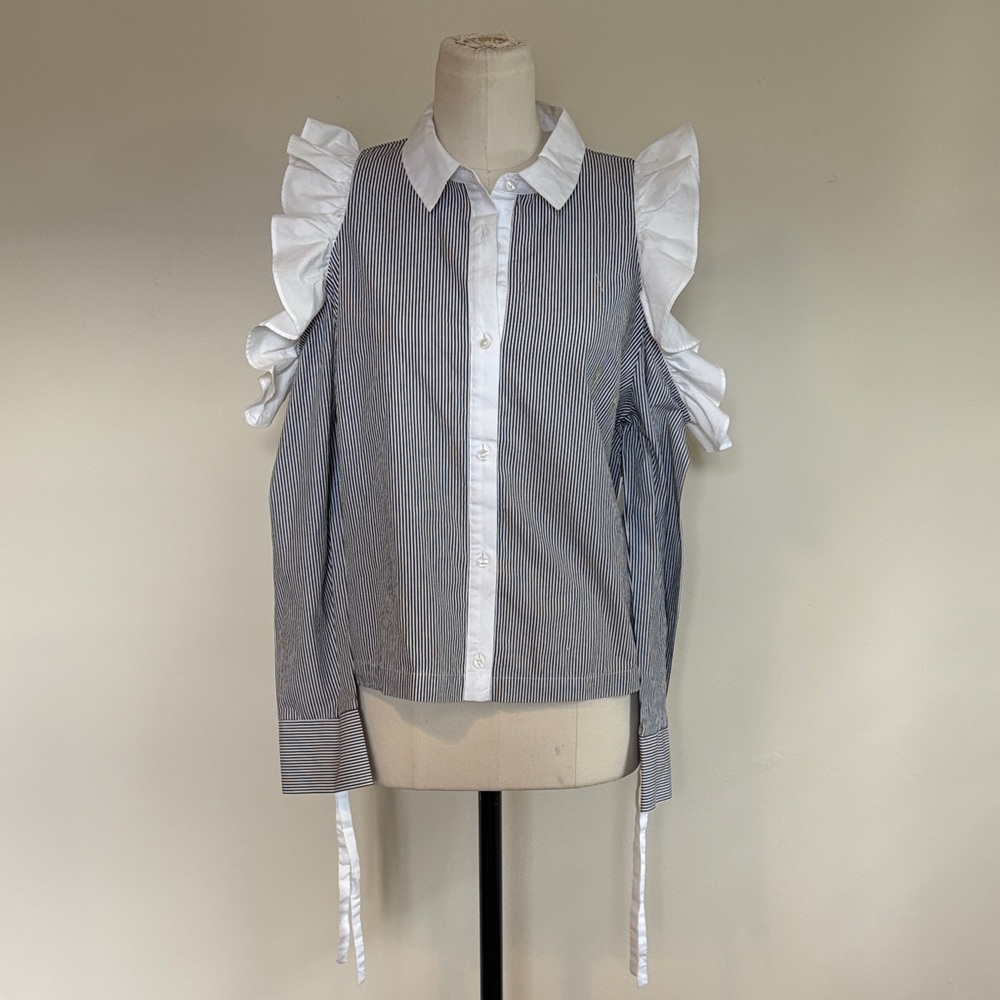 BP Blue and White Ruffle Sleeve Button Down Shirt